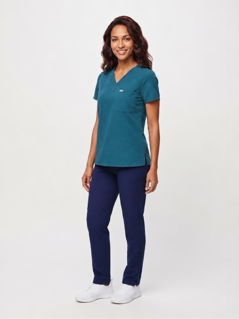Figs Women’s Teal V-Neck Scrub Top with Navy Pants